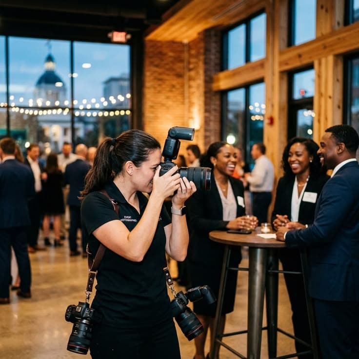 Event photographer capturing guests at a mixer