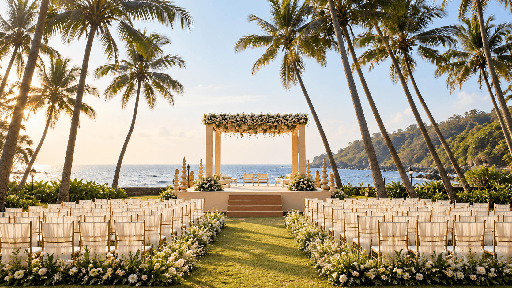 Outdoor ceremony aisle lined with flowers